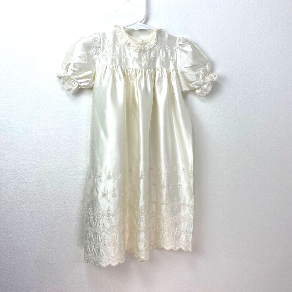 Vintage New Born Christening Gown Sears White Satin Embroidery Lace Short Sleeve